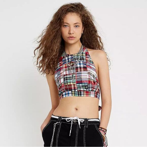Urban Outfitters Virginia Plaid Patchwork Cropped Halter Top - Picture 1 of 9